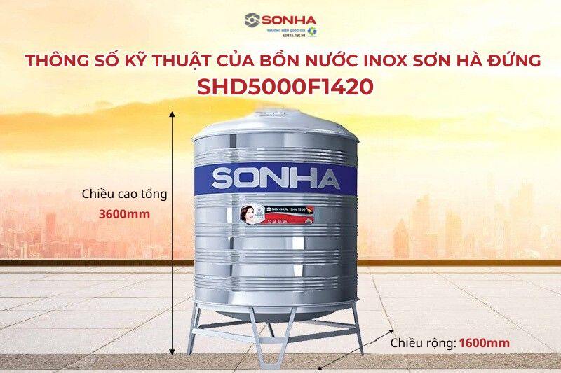 Th&ocirc;ng số k&iacute;ch thước bồn nước inox Sơn H&agrave; 5000l ngang (&Phi;1420)