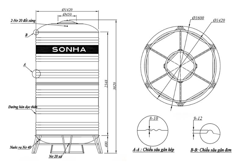 Th&ocirc;ng số k&iacute;ch thước bồn nước inox 4000L F1420 đứng của Sơn H&agrave;