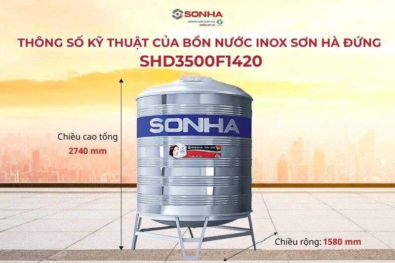 K&iacute;ch thước bồn nước inox sơn h&agrave; 3500L F1420