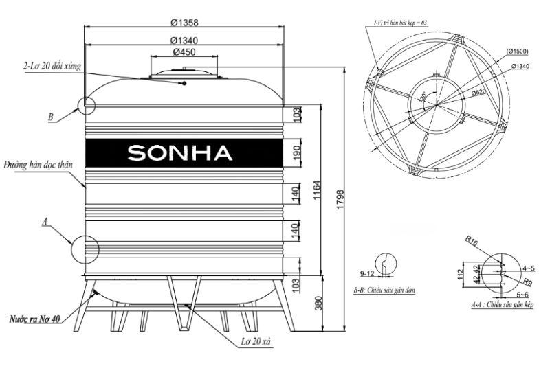 Kích thước bồn nước inox Sơn Hà 2000L F1380