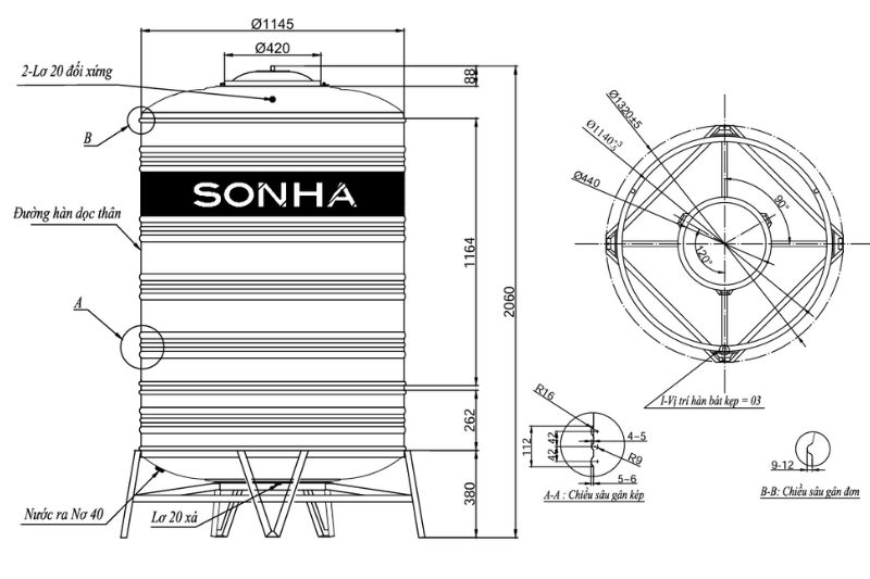 Thông số kỹ thuật bồn nước inox Sơn Hà 2000L