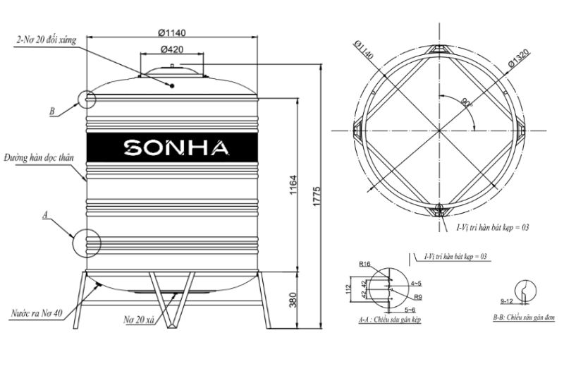 Hình ảnh kích thước bồn nước inox 1500l đứng (Φ1140)