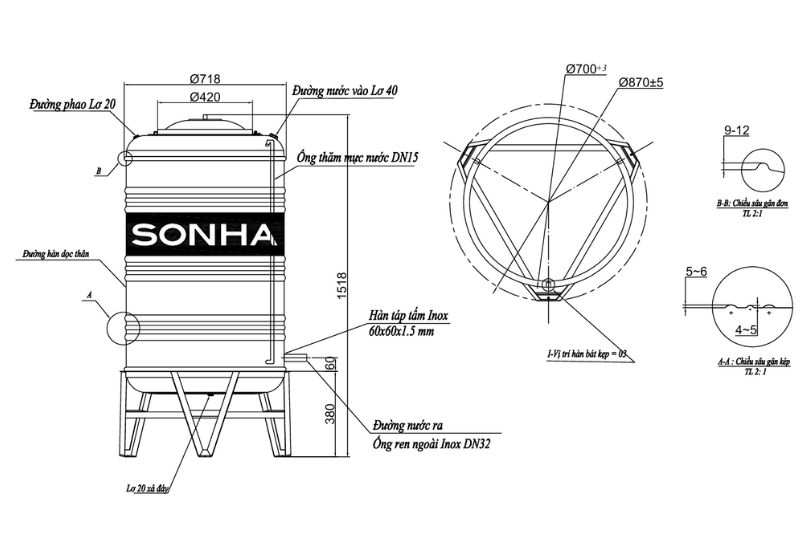 Bản vẽ k&iacute;ch thước bồn inox Sơn H&agrave; 500L đứng