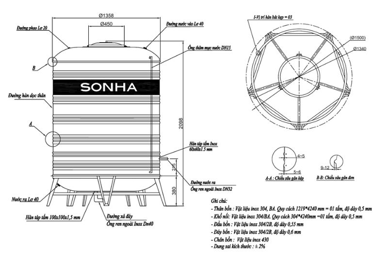 Bản vẽ k&iacute;ch thước bồn nước inox Sơn H&agrave; 2500l đứng (&Phi;1380)