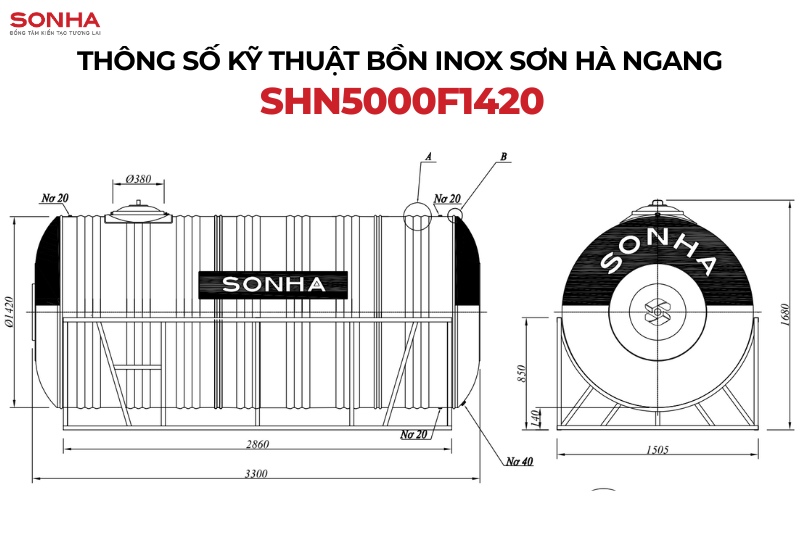 Th&ocirc;ng số bản vẽ bồn nước inox Sơn H&agrave; ngang 5000L F1420