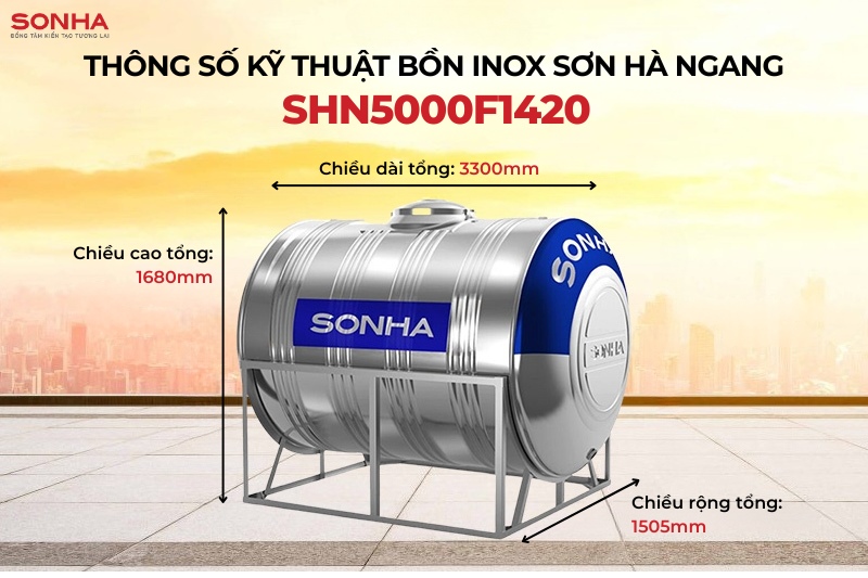 K&iacute;ch thước bồn nước inox Sơn H&agrave; 5000l nằm ngang (&Phi;1420)