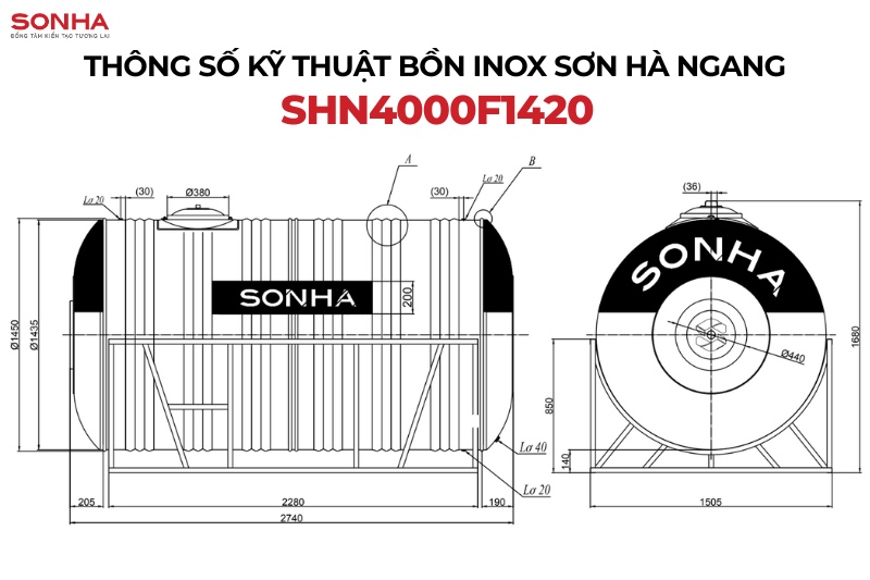 Bản vẽ kỹ thuật t&eacute;c nước inox ngang Sơn H&agrave; 4000L F1420