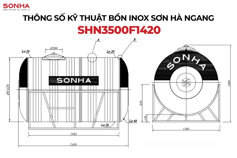 Bản vẽ bồn nước inox ngang Sơn Hà 3500L F1420