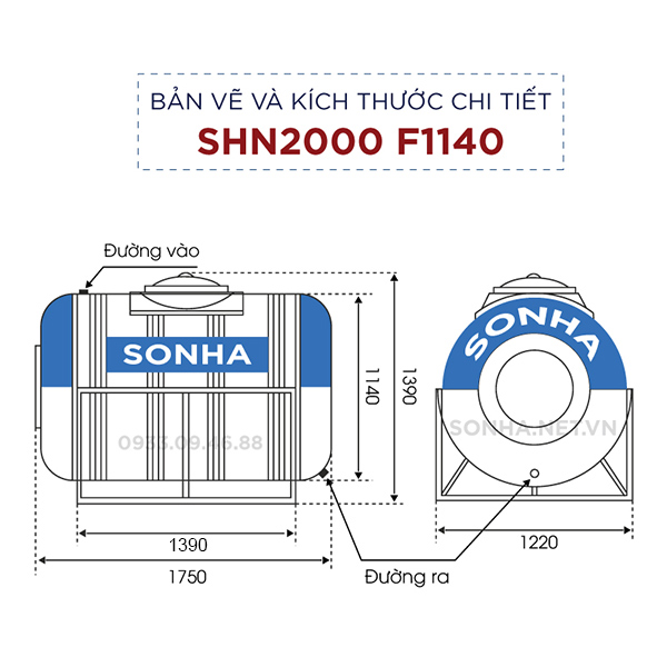 Kích thước téc nước 2000 lít inox Sơn Hà nằm 2000l (Φ1140)