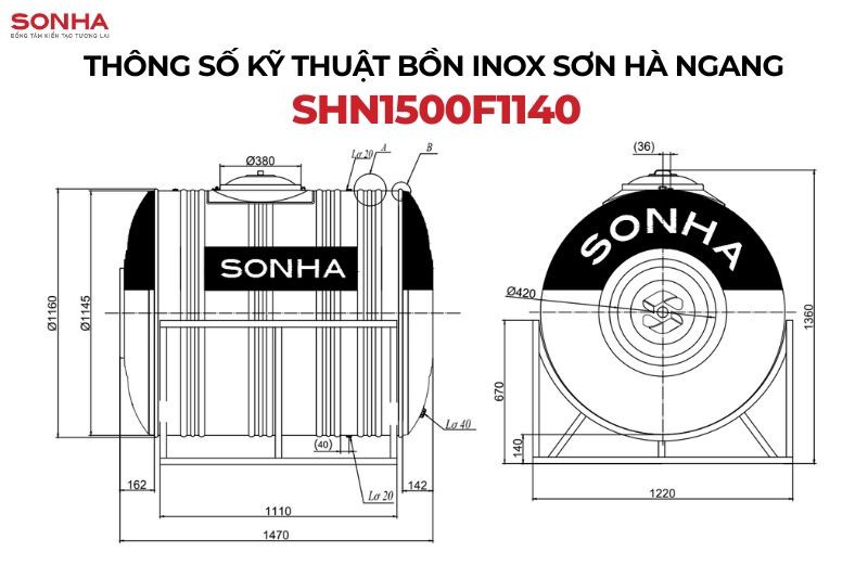 Bản vẽ chi tiết của t&eacute;c nước inox ngang 1500L Sơn H&agrave; F1140