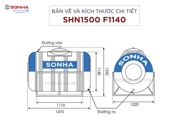 Bản vẽ và kích thước bồn nước 1500L Sơn Hà