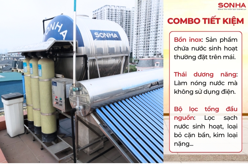 Sử dụng combo bồn nước, m&aacute;y năng lượng mặt trời v&agrave; lọc tổng đầu nguồn - phục vụ mọi nhu cầu của người d&ugrave;ng