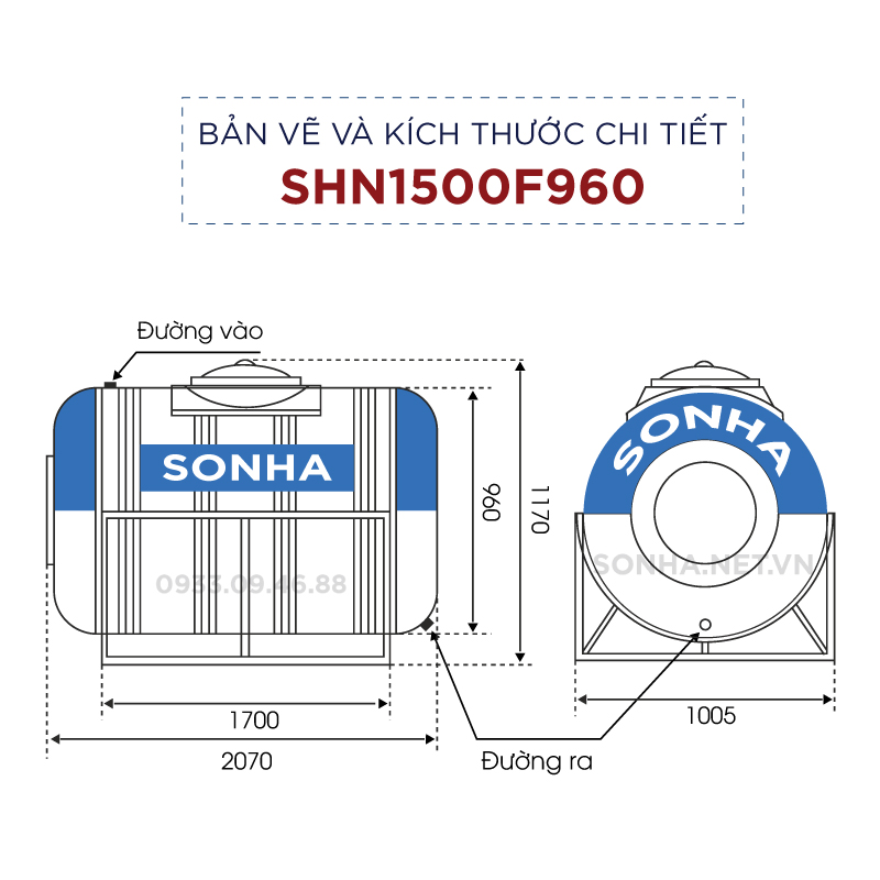 Bản vẽ kỹ thuật bồn nước inox 1500L ngang Sơn Hà