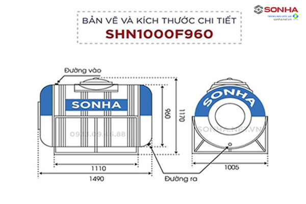 Bản vẽ kích thước bồn nước inox 1000l 