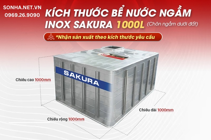 Kích thước bể nước ngầm inox Sakura 1000L
