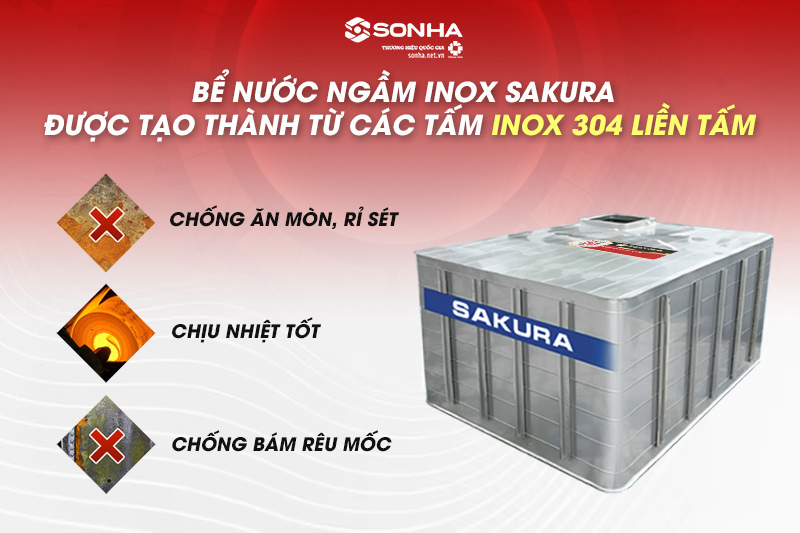 Bể chứa nước ngầm inox Sakura chế tạo từ các tấm inox 304 liền