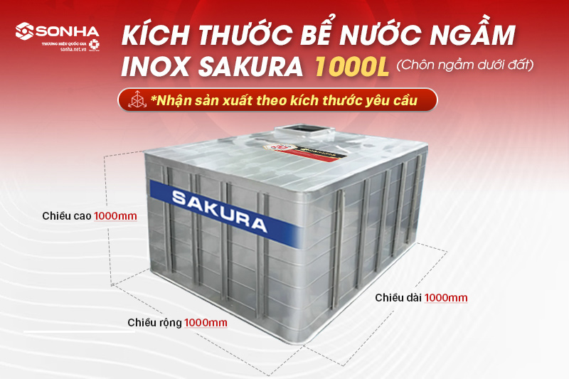 Kích thước bể nước ngầm inox Sakura 1000L