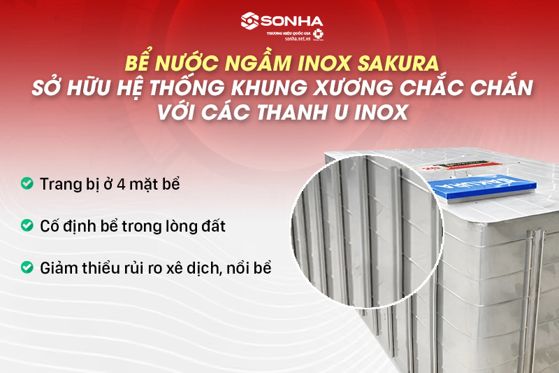 Bể ngầm inox Sakura có hệ thống khung xương găm chặt vào bê tông