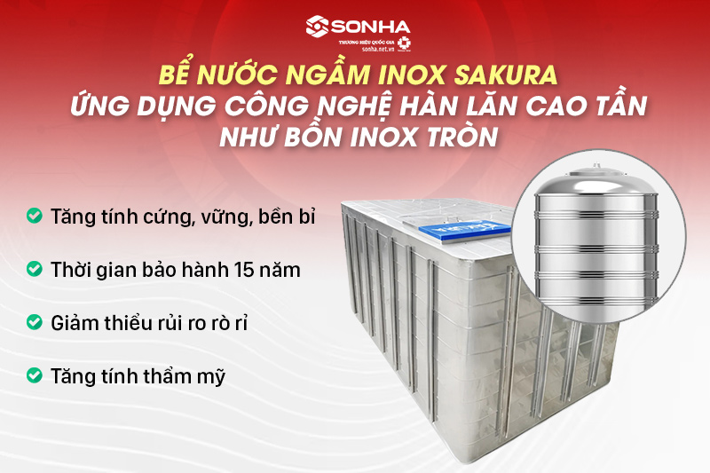 Bể ngầm Sakura 1500L sử dụng công nghệ sản xuất bồn inox tròn