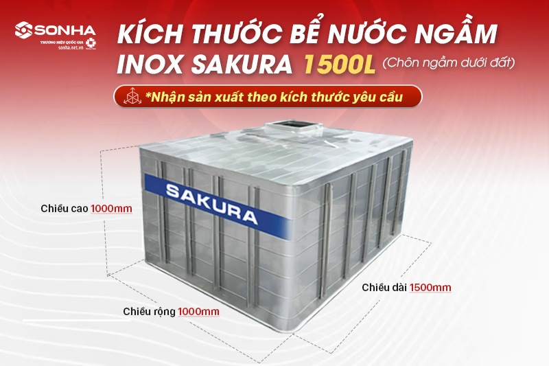 Kích thước bể nước ngầm inox Sakura 1500L