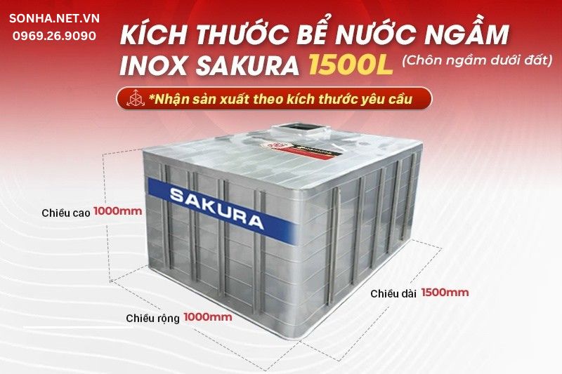 Kích thước bể nước ngầm inox Sakura 1500L