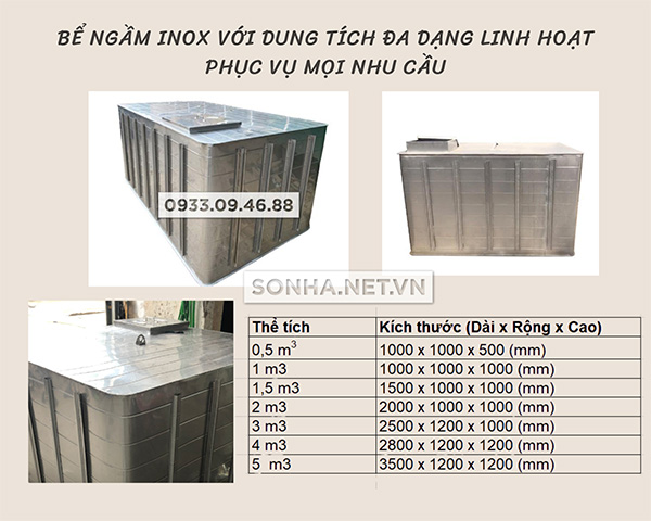 Dung tích đa dạng của bề nước ngầm inox 