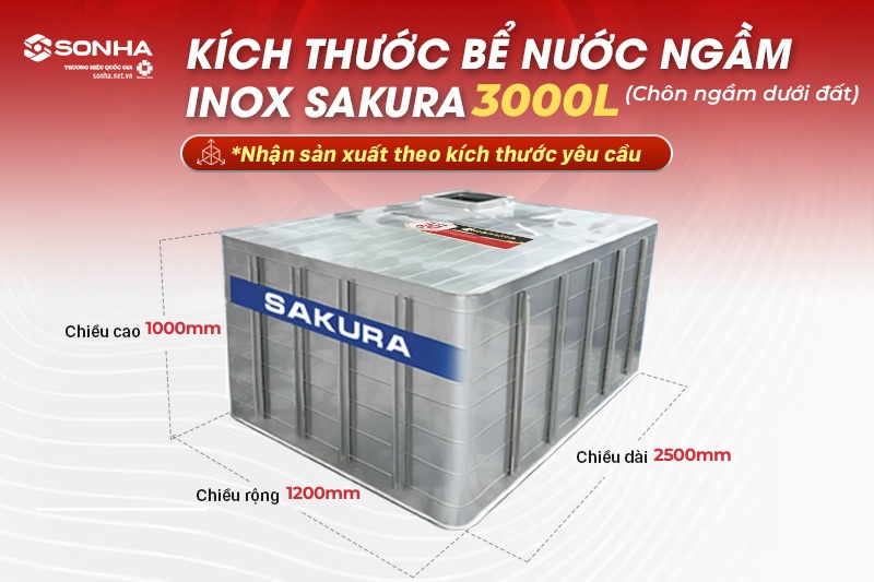 Kích thước bể ngầm inox Sakura 3000L chôn ngầm dưới lòng đất
