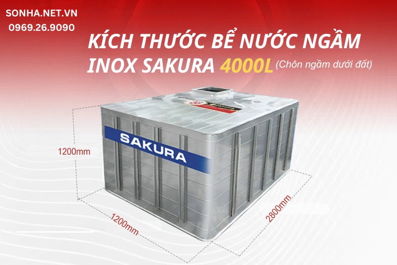 K&iacute;ch thước bể ngầm inox Sakura 4000L ch&ocirc;n ngầm dưới l&ograve;ng đất