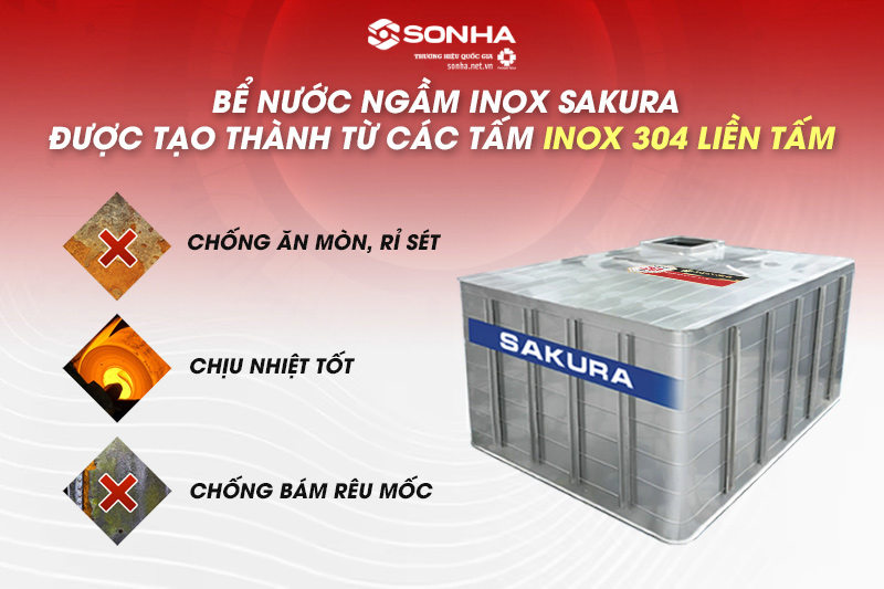 Bể ngầm inox Sakura 4000L sử dụng chất liệu inox 304 cao cấp