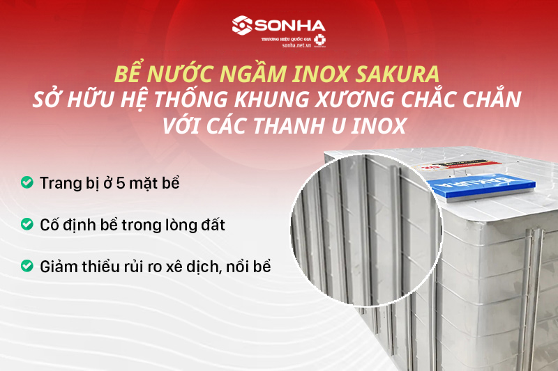 Bể ngầm inox Sakura có hệ thống khung xương găm chặt vào bê tông