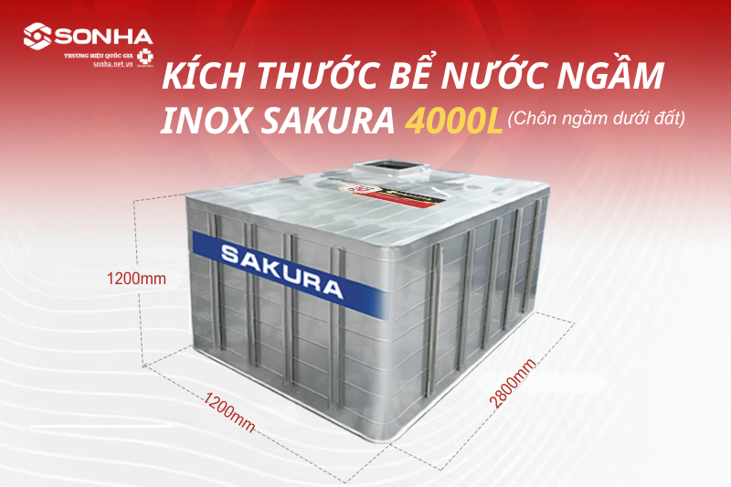 Kích thước bể ngầm inox Sakura 4000L chôn ngầm dưới lòng đất