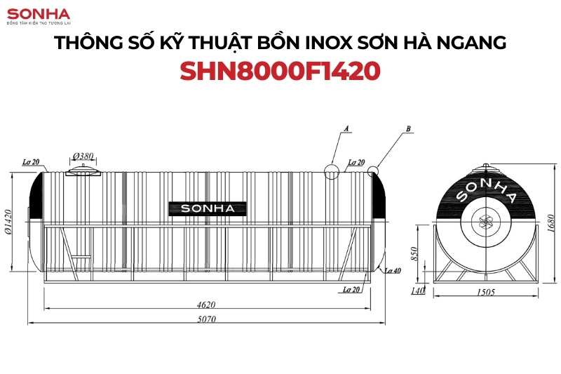 K&iacute;ch thước v&agrave; bản vẽ t&eacute;c nước inox Sơn H&agrave; ngang 8000L F1420
