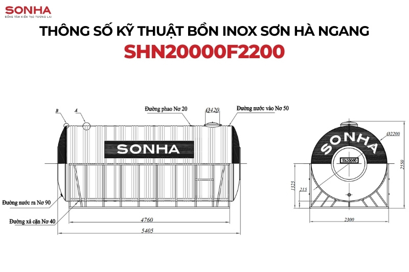 Kích thước và bản vẽ bồn nước inox công nghiệp Sơn Hà 20000L F2200 ngang