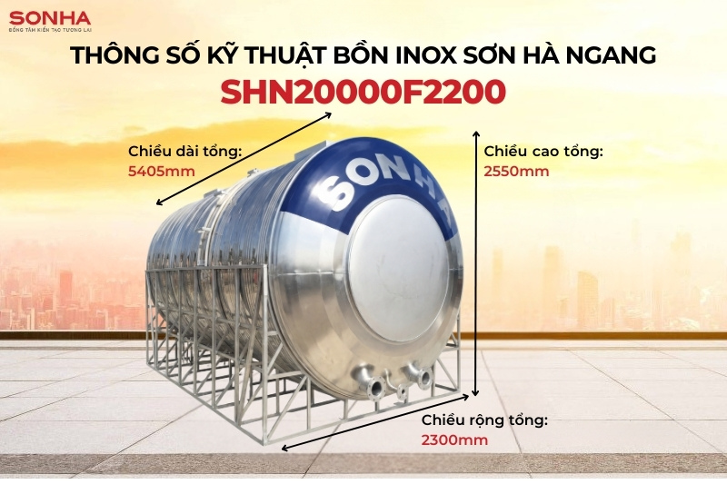 Kích thước và bản vẽ bồn nước inox công nghiệp Sơn Hà 20000L F2200 ngang
