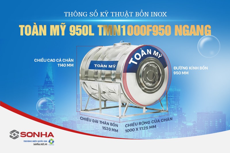 Thông số kỹ thuật của bồn inox Toàn Mỹ ngang TMN1000F950