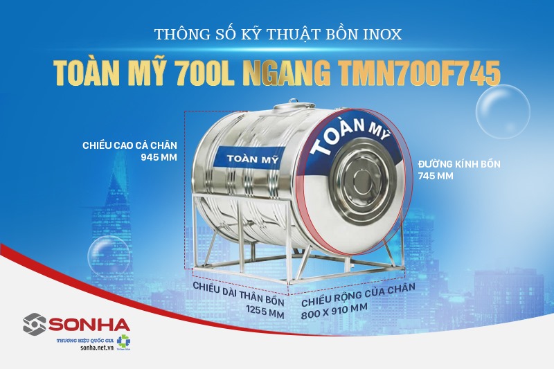 Thông số kỹ thuật của bồn inox Toàn Mỹ ngang TMN700F745