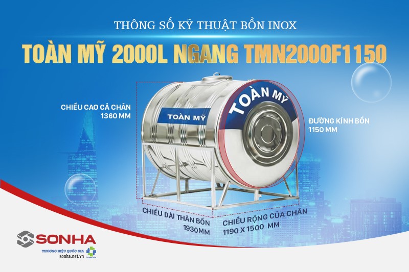 Thông số kỹ thuật của bồn inox Toàn Mỹ 2000L ngang TMN2000F1150