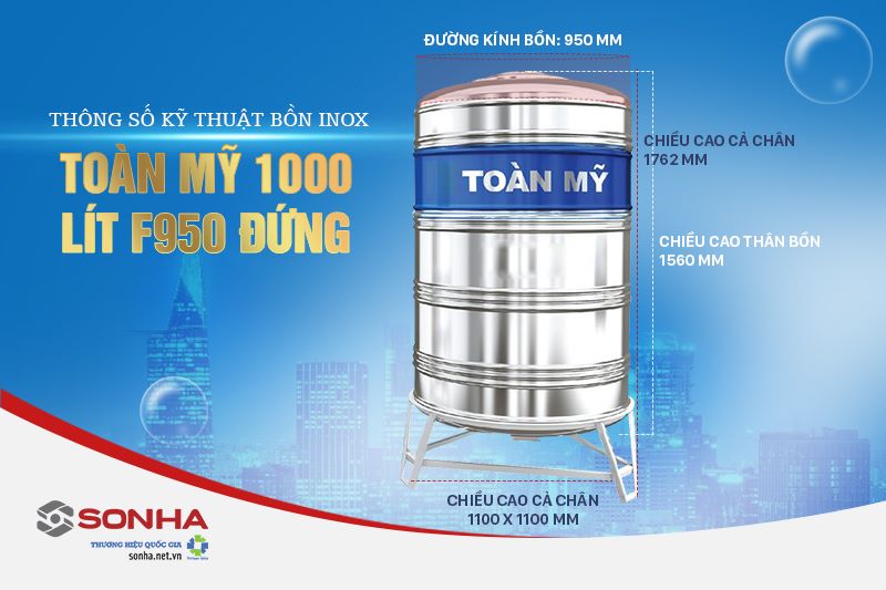 Thông số kỹ thuật của bồn inox Toàn Mỹ 1000 lít F950