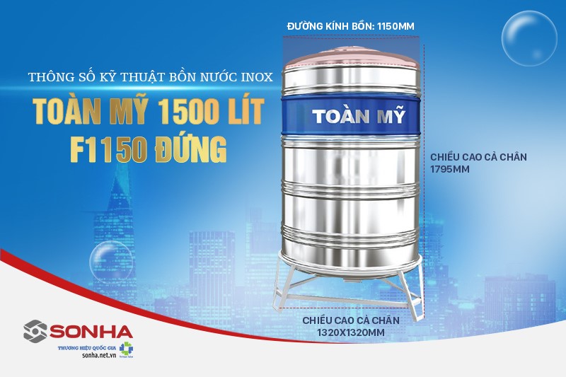 Thông số kỹ thuật Bồn inox Toàn Mỹ 1500L đứng F1150