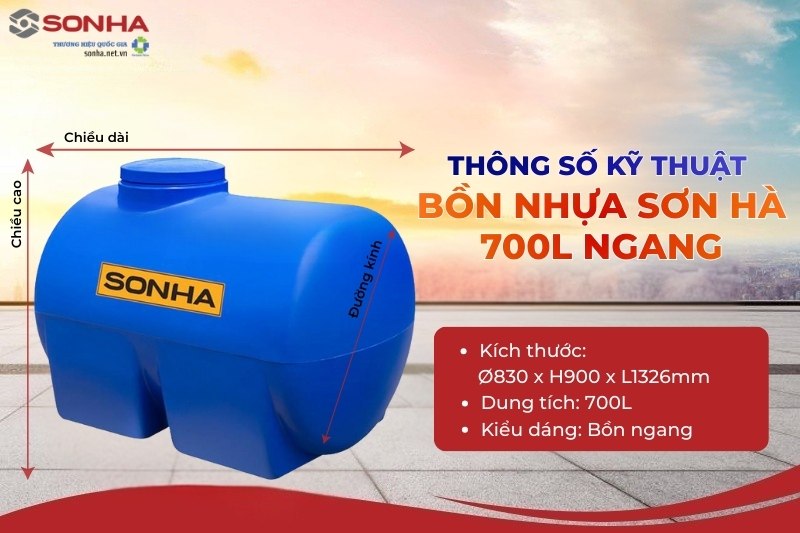 Th&ocirc;ng số k&iacute;ch thước bồn nước nhựa Sơn H&agrave; 700l ngang
