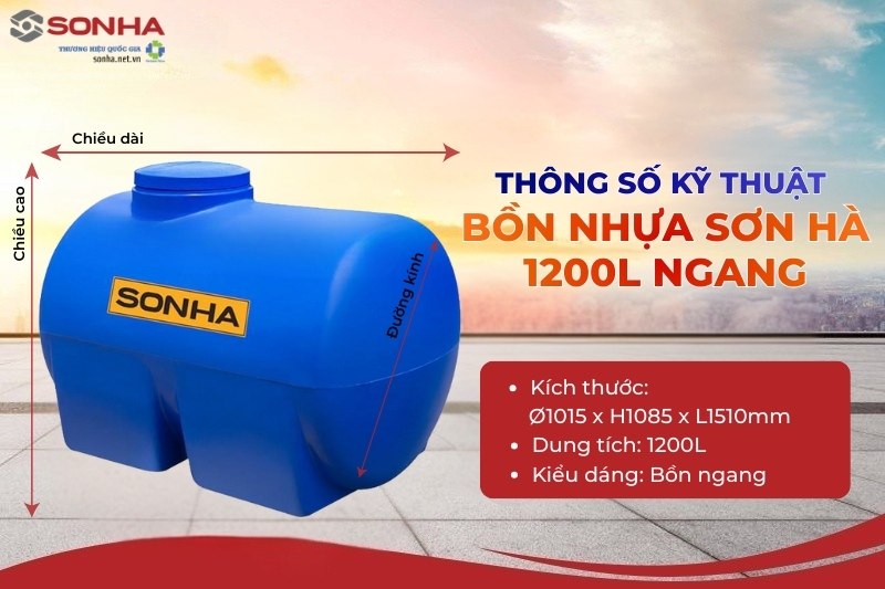 Kích thước bồn nước nhựa Sơn Hà 1200l ngang