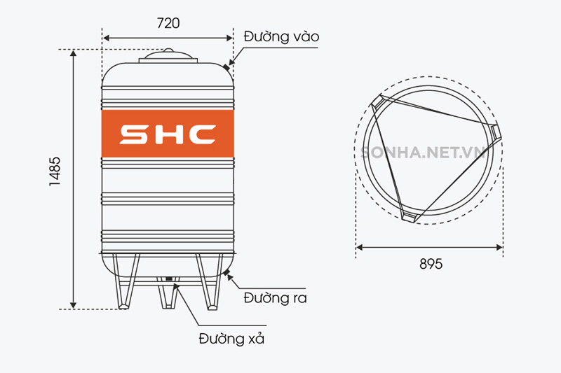 Kích thước bồn nước inox SHC 500L đứng  Sơn Hà (Φ720)