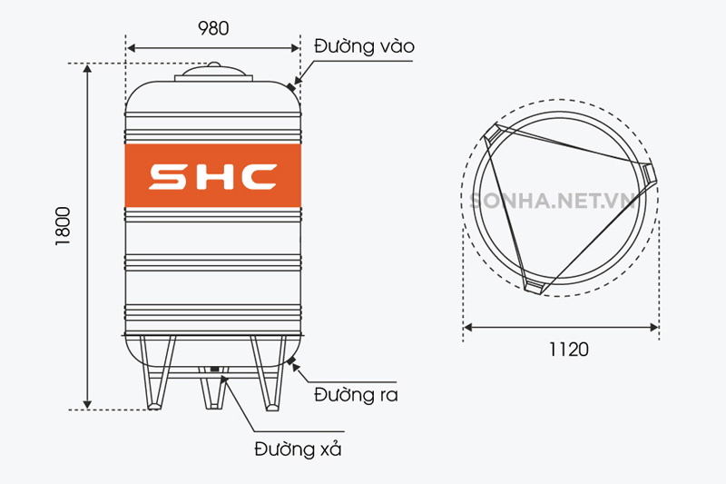 Kích thước bồn nước inox SHC 1200L đứng (Φ980)