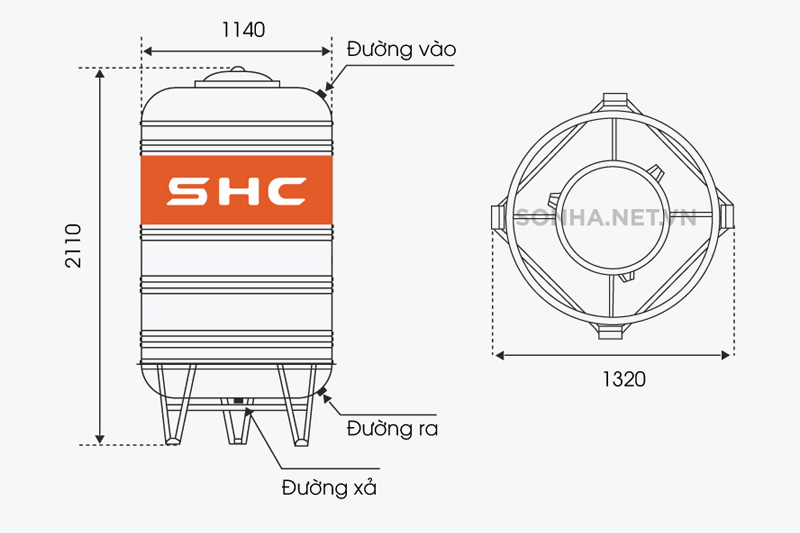 Hình ảnh kích thước bồn nước inox SHC 2500l đứng Sơn Hà (Φ1140)