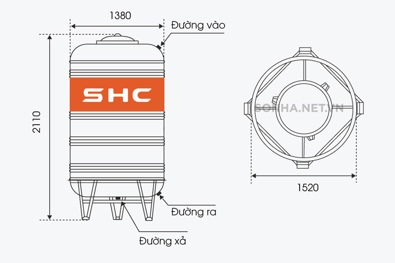 Hình ảnh kích thước bồn nước inox SHC 2500l đứng (Φ1380)