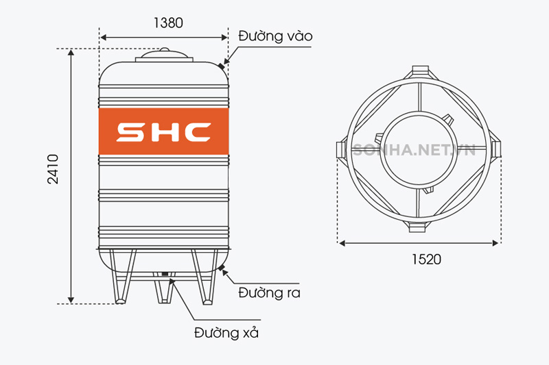 Kích thước bồn nước inox SHC 3000l đứng (Φ1380)