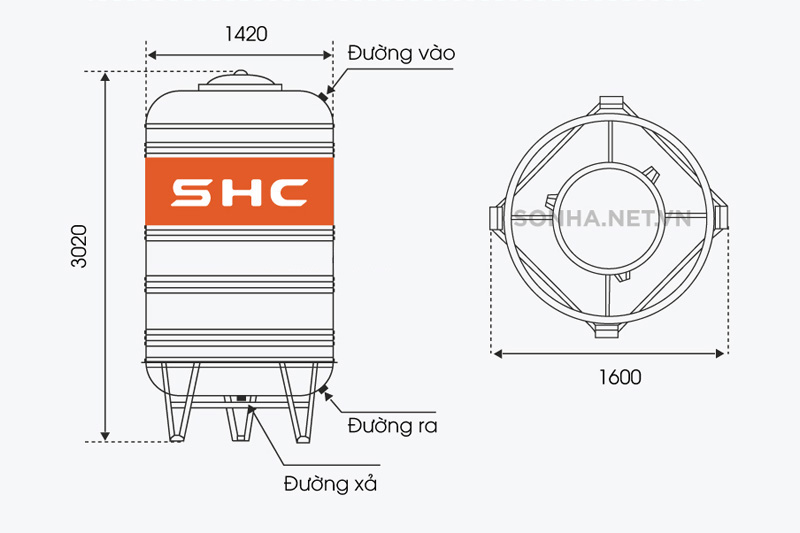 Hình ảnh kích thước bồn nước inox SHC 4000l đứng (Φ1420)