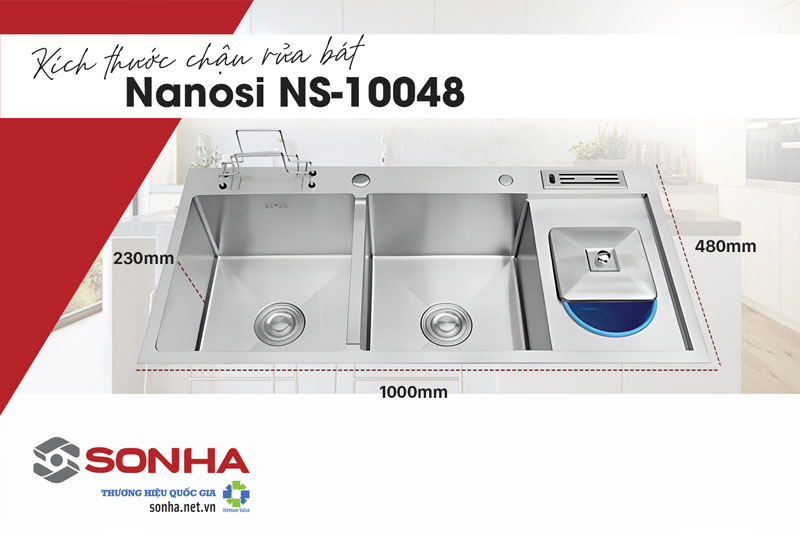 Kích thước chậu rửa bát 2 hố Nanosi NS-10048