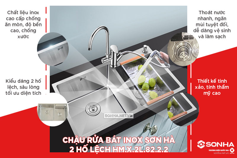 Ưu điểm chậu rửa bát Luxury Sơn Hà handmade 2 hố lệch HM.X.2L.82.2.2