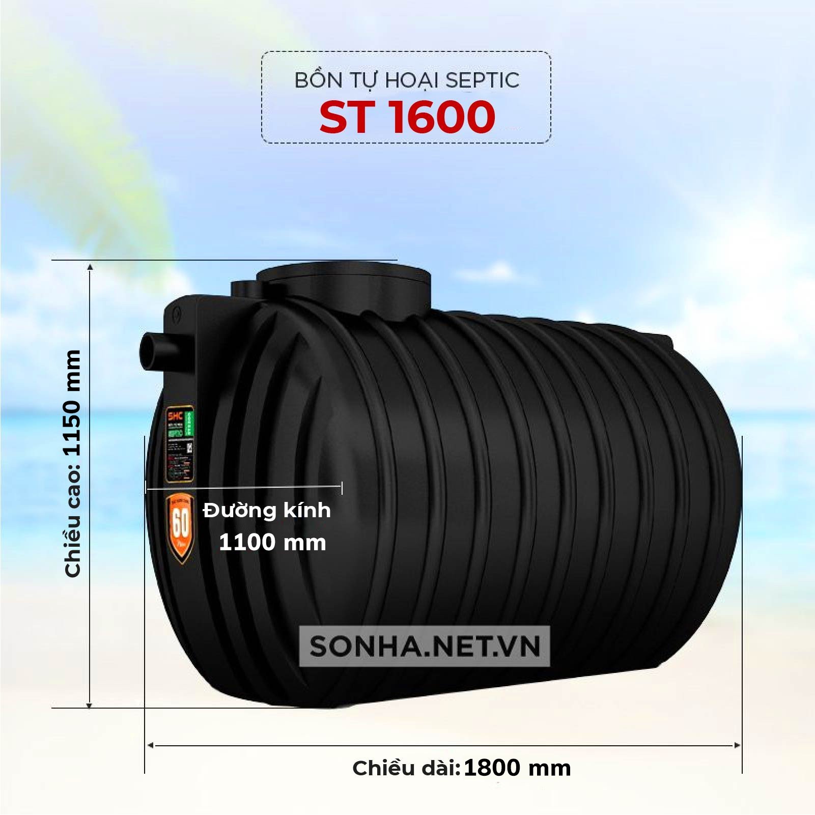 Hình ảnh kích thước bồn tự hoại Septic 1600l của Sơn Hà 